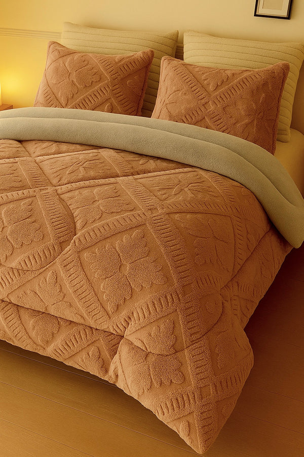 Set pilotă groasă 200/230, model gofrat DeLUX cu blăniță, 3 Piese, COD: PXY56