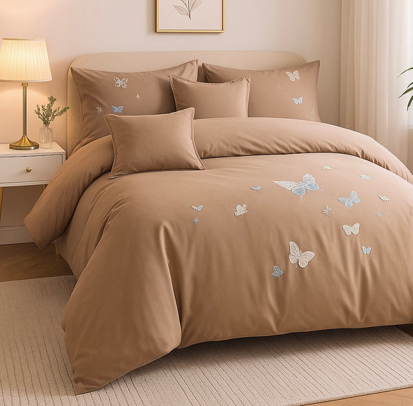 Lenjerie de pat cu ELASTIC, bumbac fin cu broderie, 6 piese, COD:BDE106